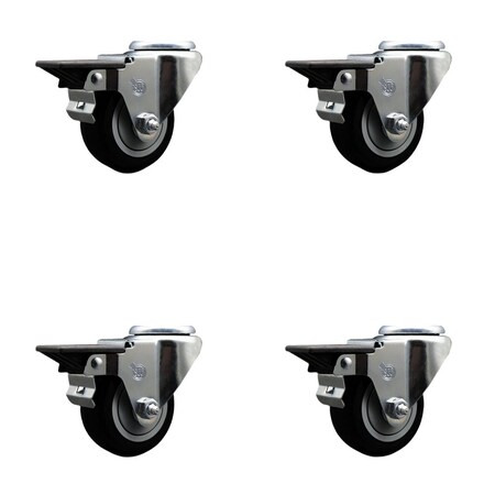 Service Caster 3'' Black Poly Wheel Swivel Bolt Hole Caster Set with Posi Lock Brakes, 4PK SCC-BH20S314-PPUB-BLK-PLB-4
